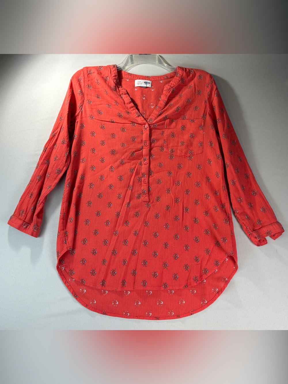 Old Navy Orange Tunic Medium Printed Button Front V-neck Casual Shirt